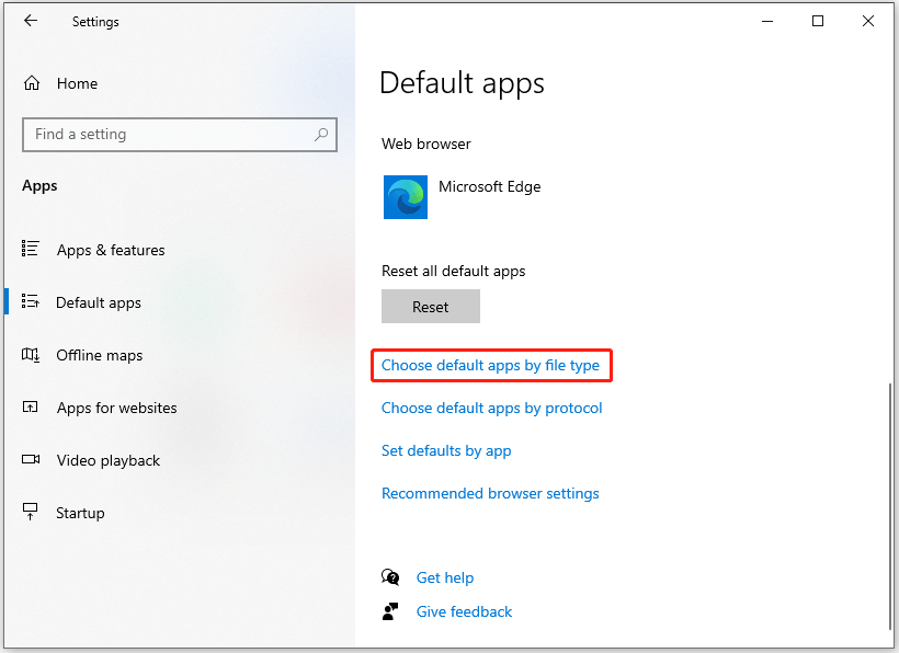 click Choose default apps by file type