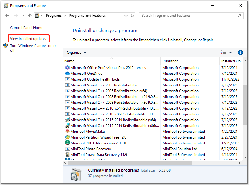 click View installed updates