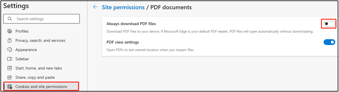 disable Always download PDF files