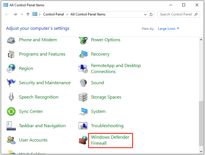 find and click Windows Defender Firewall