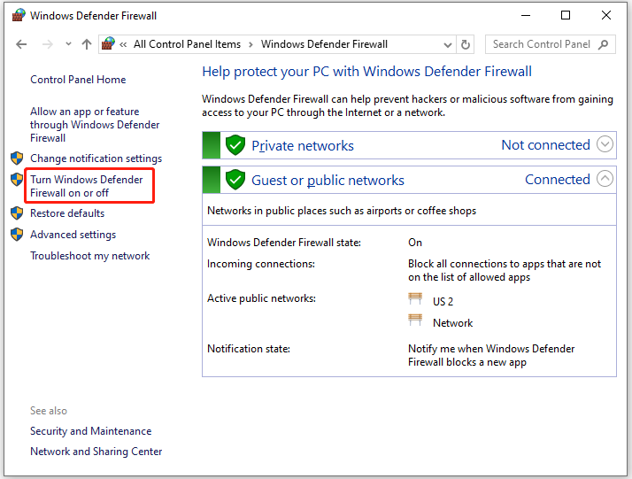 click turn Windows Defender Firewall on or off option