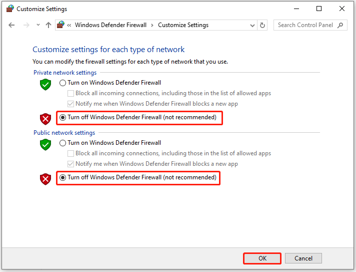 turn off Windows Defender Firewall and click OK