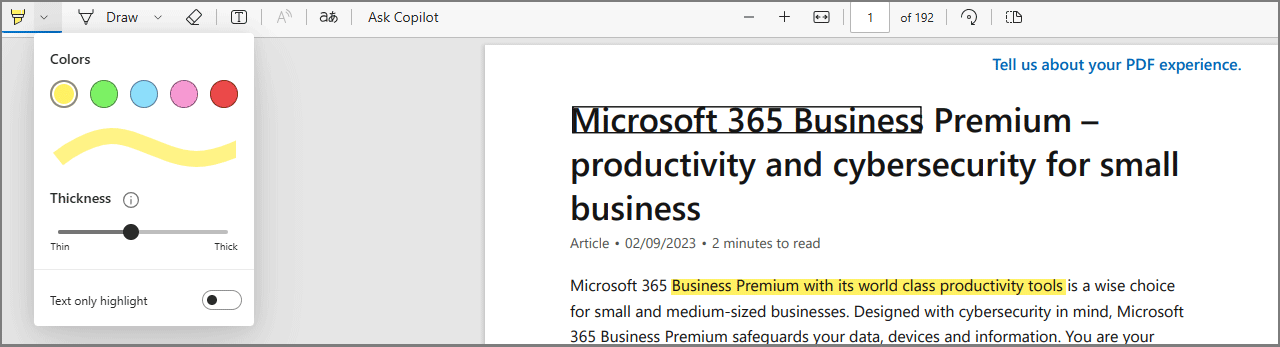 highlight PDF in Edge