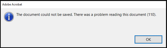 Adobe Acrobat Error 110 The document could not be saved