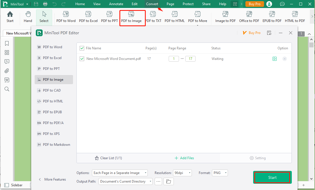 convert PDF to image using MiniTool