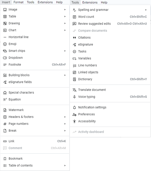 Google Docs features and tools