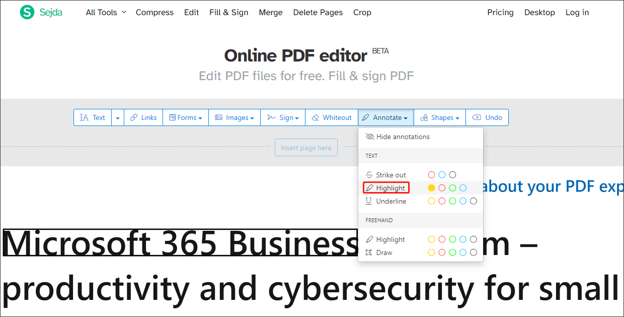 highlight PDF with Sejda