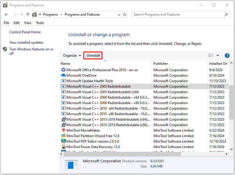 highlight Microsoft Visual C++ Redistributable and click Uninstall