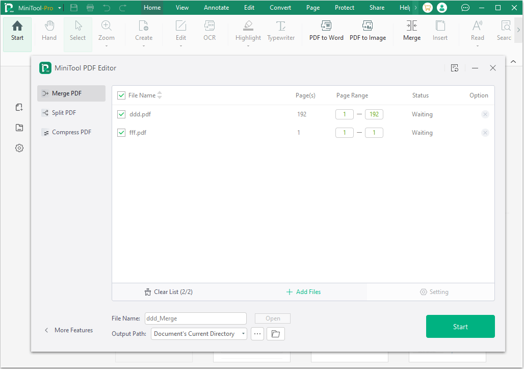 MiniTool PDF Editor select PDFs to merge