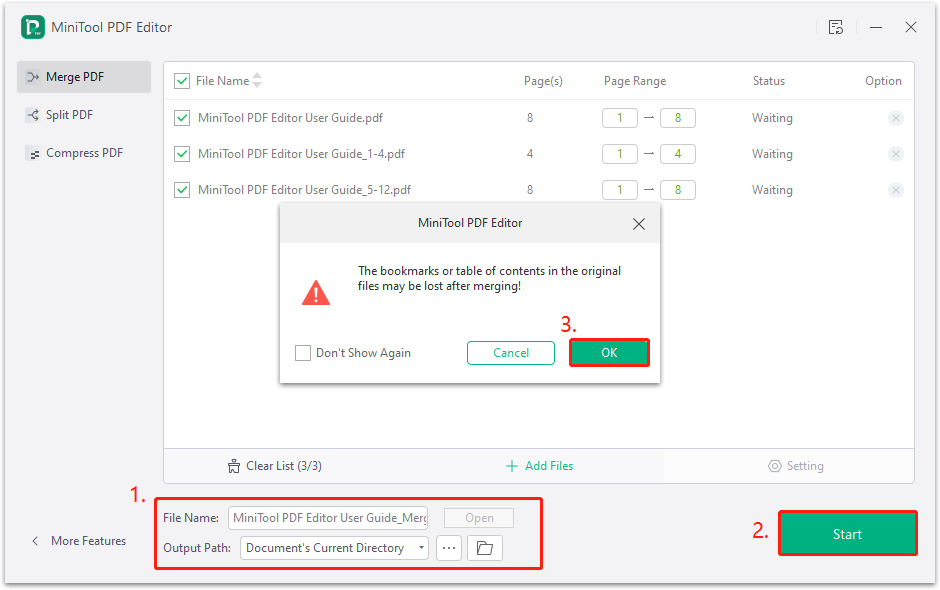 start to merge PDF files