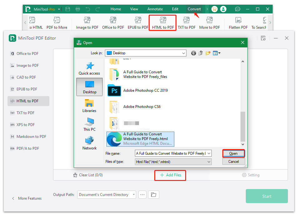 select HTML to PDF on MiniTool