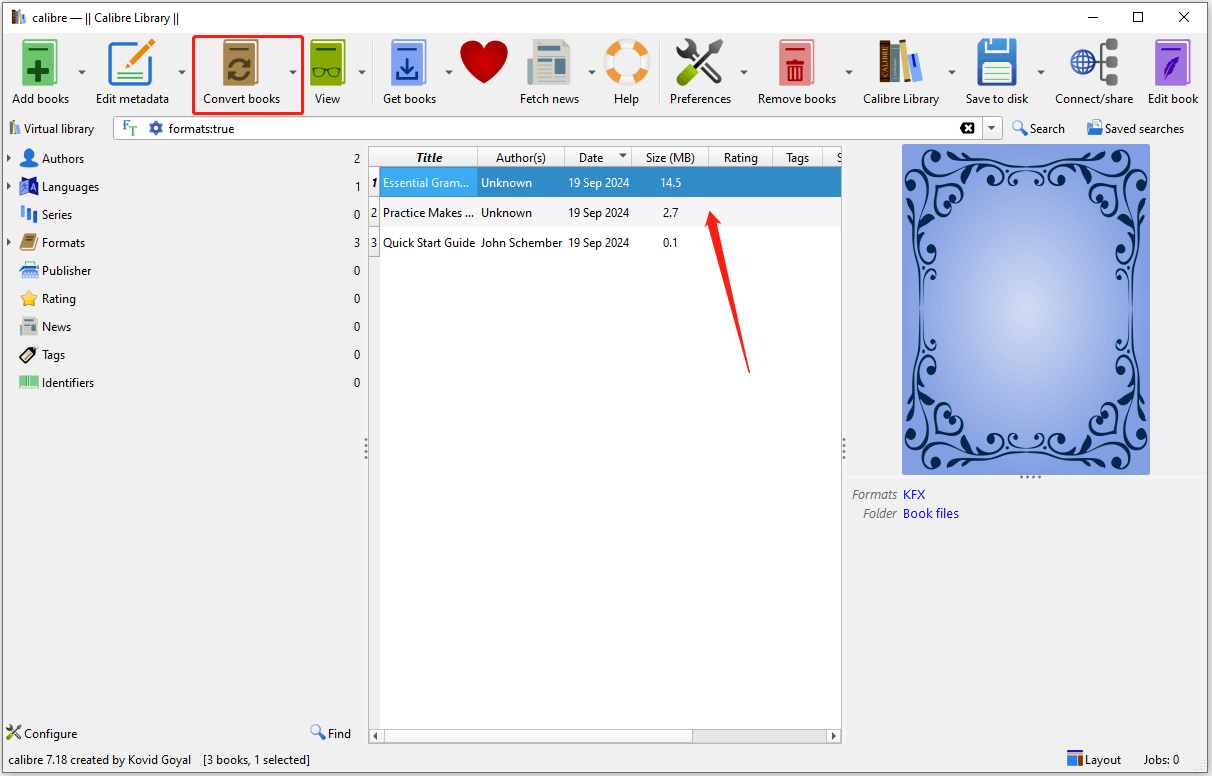 select KFX file and click Convert books