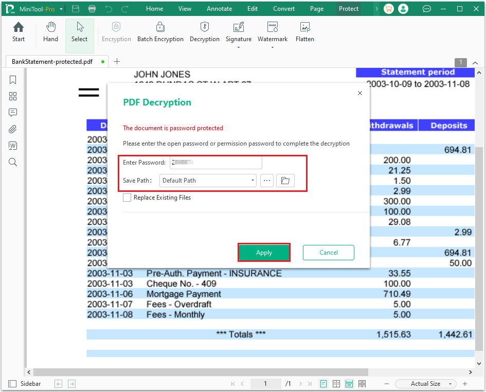 remove password protection with MiniTool PDF Editor