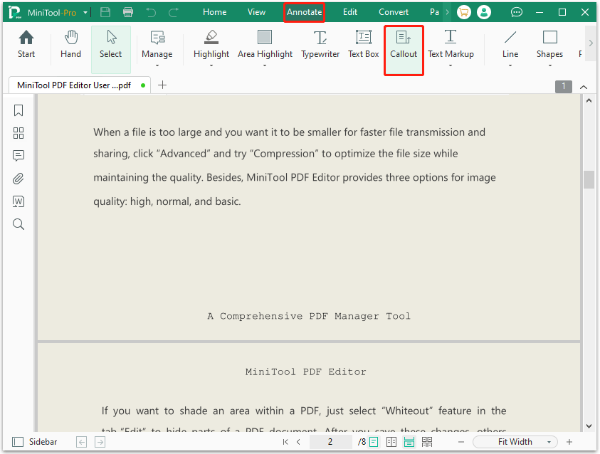 add text callout with MiniTool PDF Editor