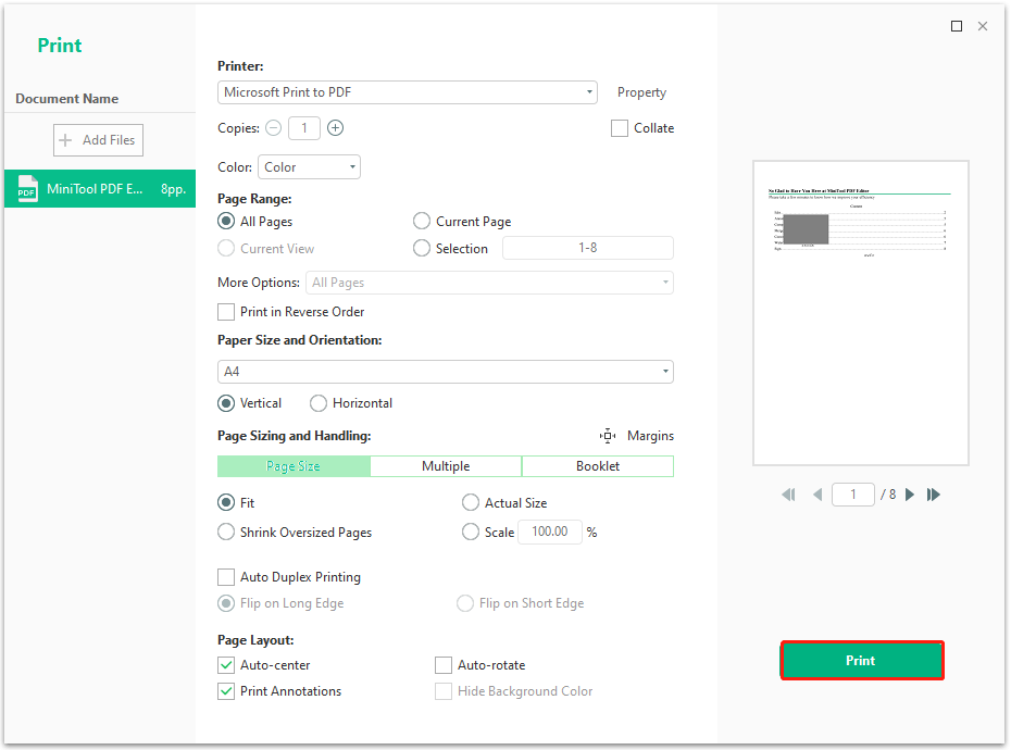 set the printing settings as you like and click Print to confirm