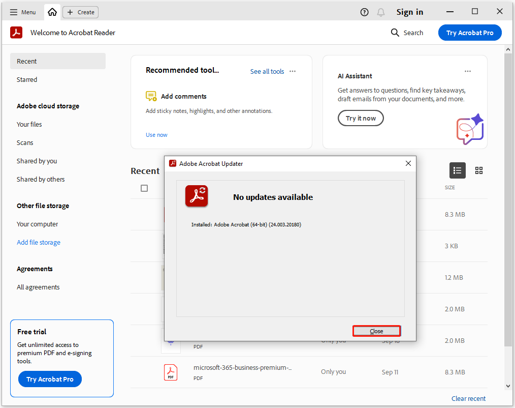 click Close in the Adobe Acrobat Updater window