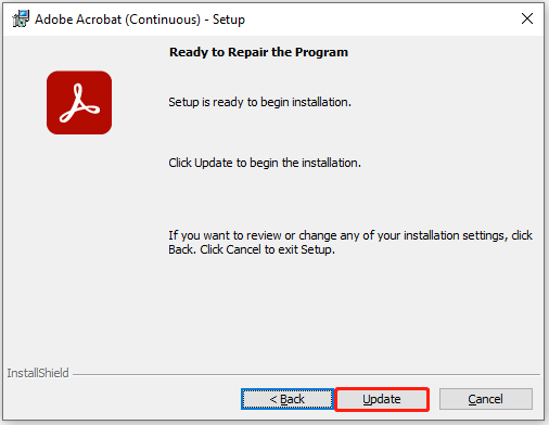 click Update to start repairing Adobe Acrobat