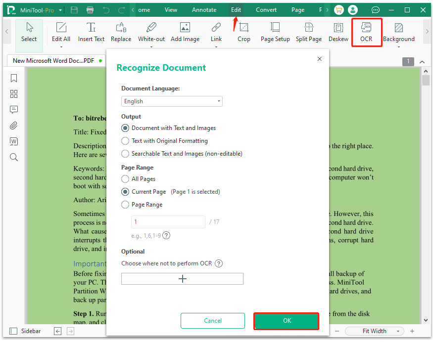 make PDF scanned using the OCR feature of MiniTool PDF Editor