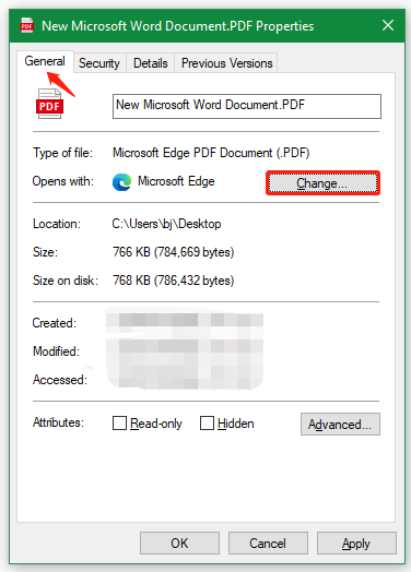 click Change in the Properties of PDF