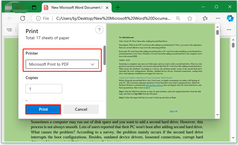 use the Print feature in Edge PDF