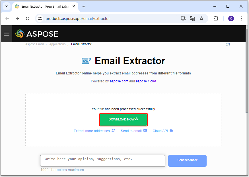 click the Download Now button on the Aspose Email Extractor official website