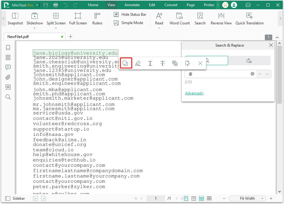 copy and paste the email you need from PDF file in MiniTool PDF Editor