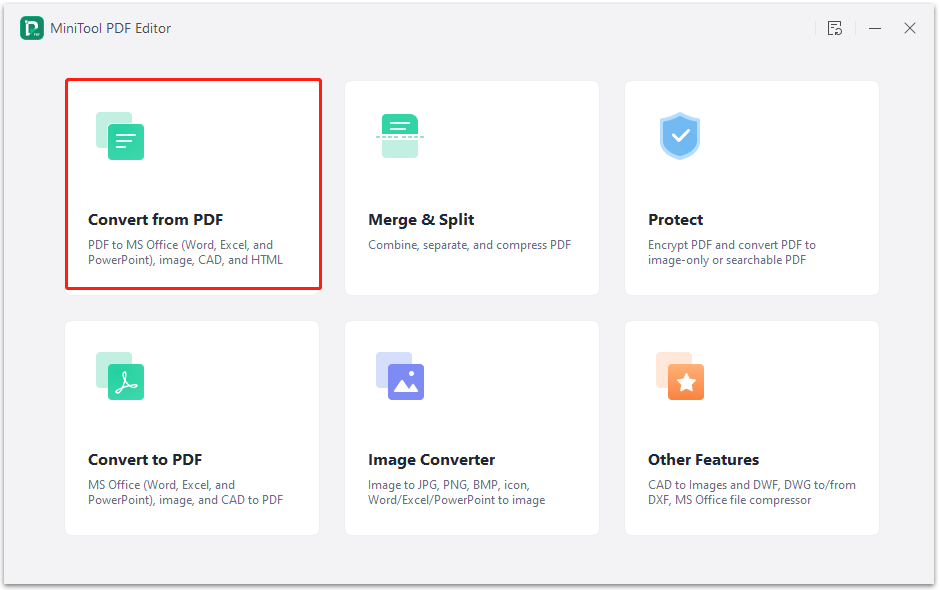 choose the Convert from PDF option from the MiniTool PDF Editor Batch Process window