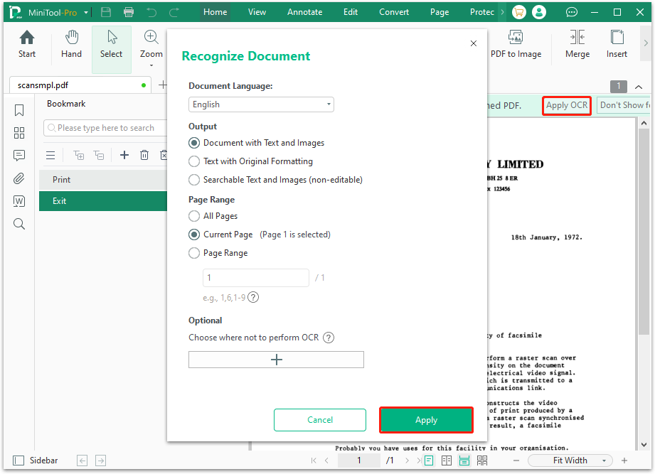 use Apply OCR to the scanned PDF file in MiniTool PDF Editor