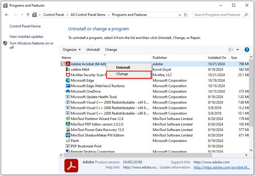 right-click Adobe Acrobat in the Programs and Features window