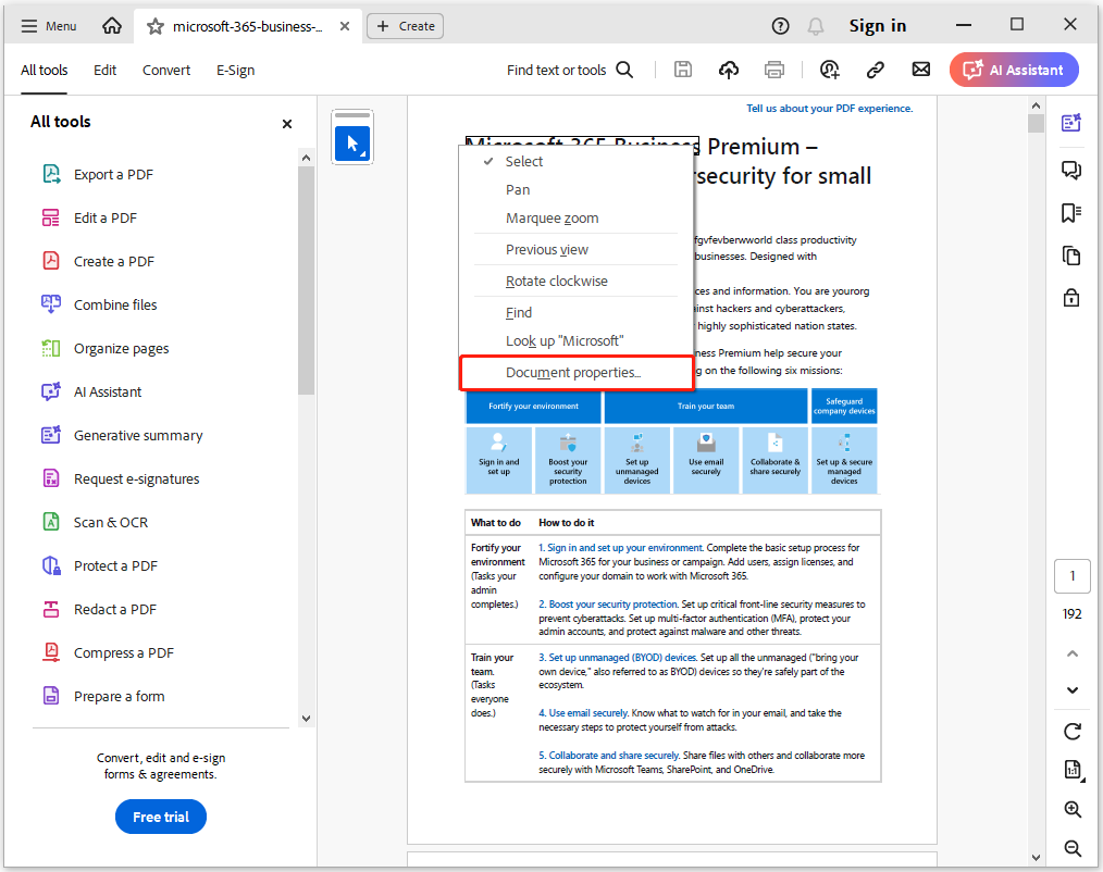 right-click the PDF file to select Document properties in Adobe Acrobat