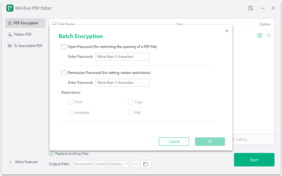 set password for the PDF file in MiniTool PDF Editor