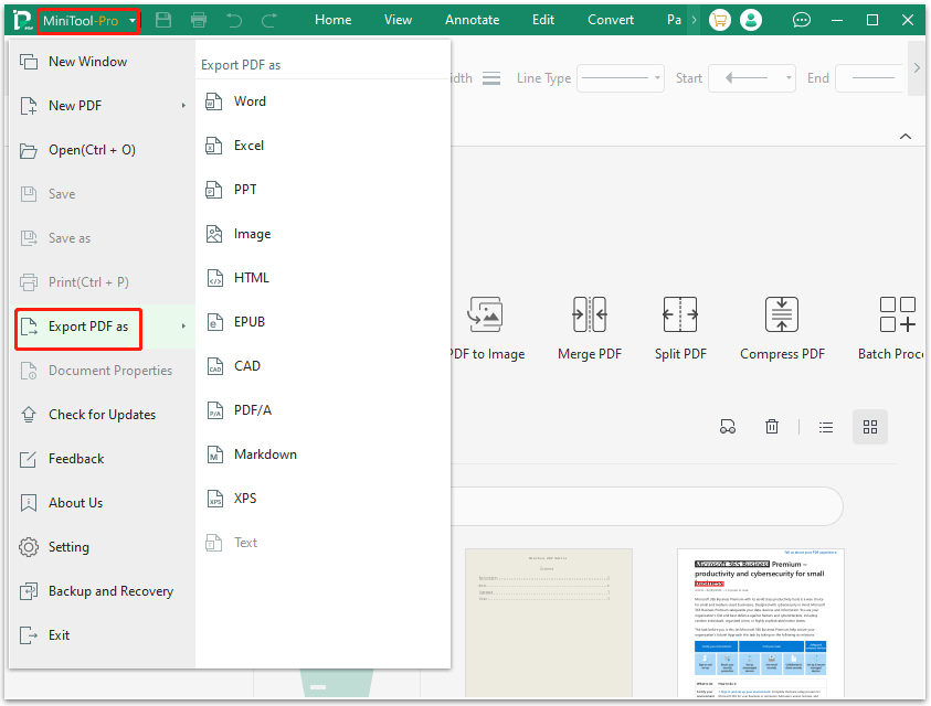 choose a suitable format in MiniTool PDF Editor