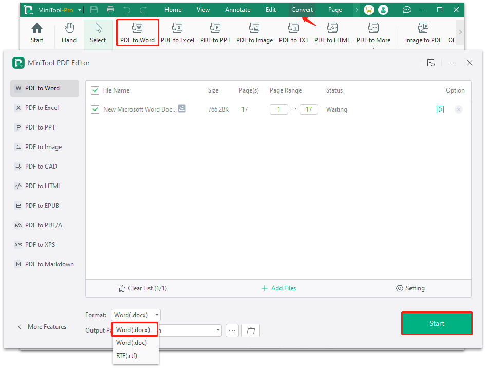 convert PDF to docx using MiniTool PDF Editor