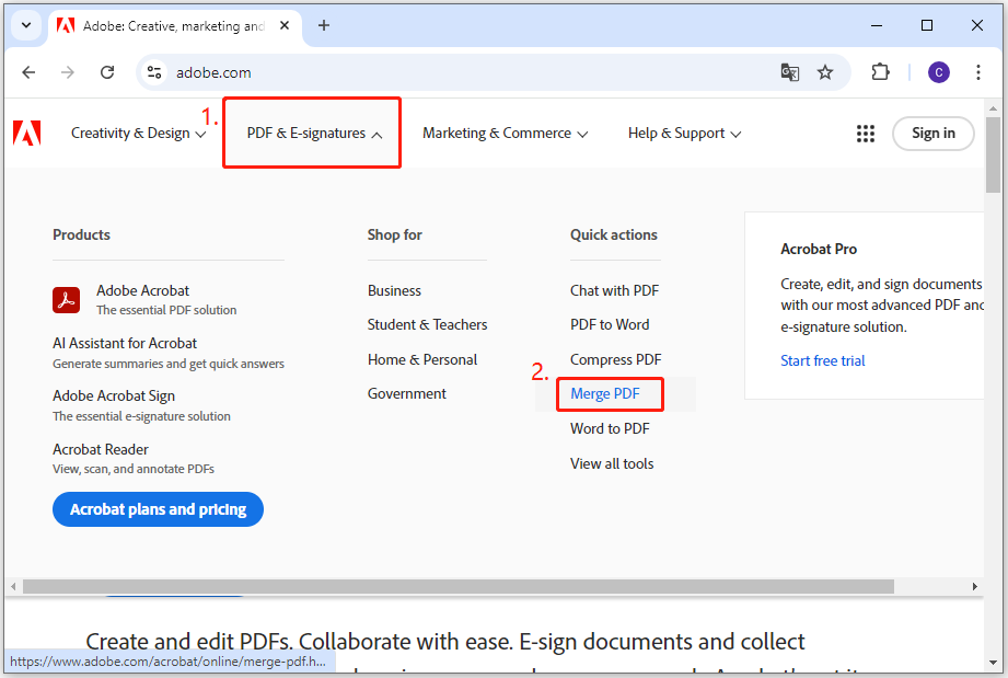select Merge PDF from Adobe official website homepage