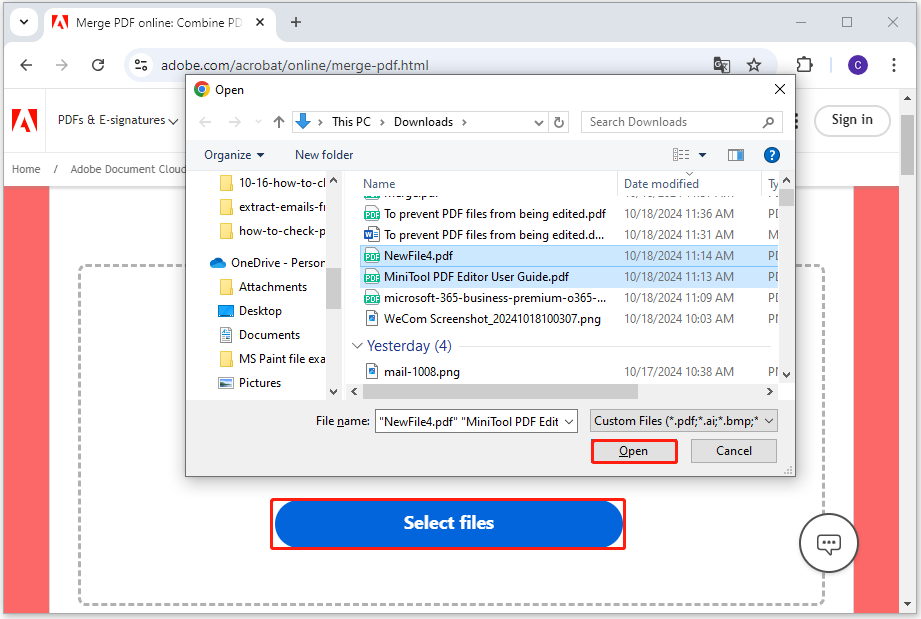 click Select files to upload PDF files to Merge PDF page