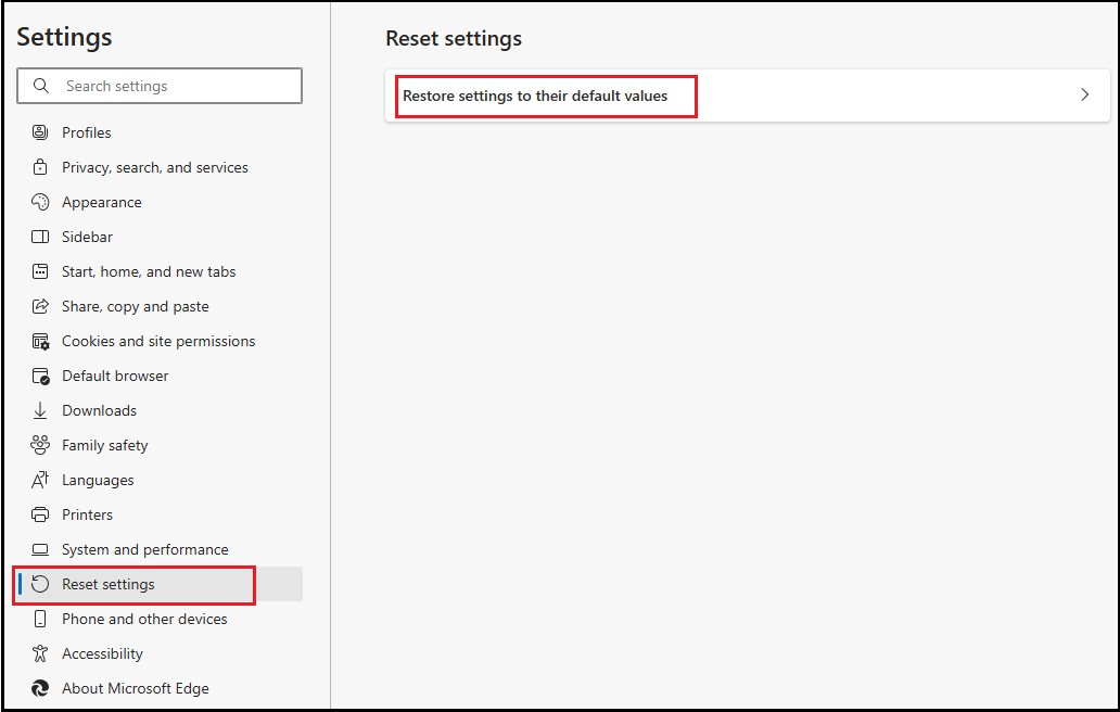 click Restore settings to their default values