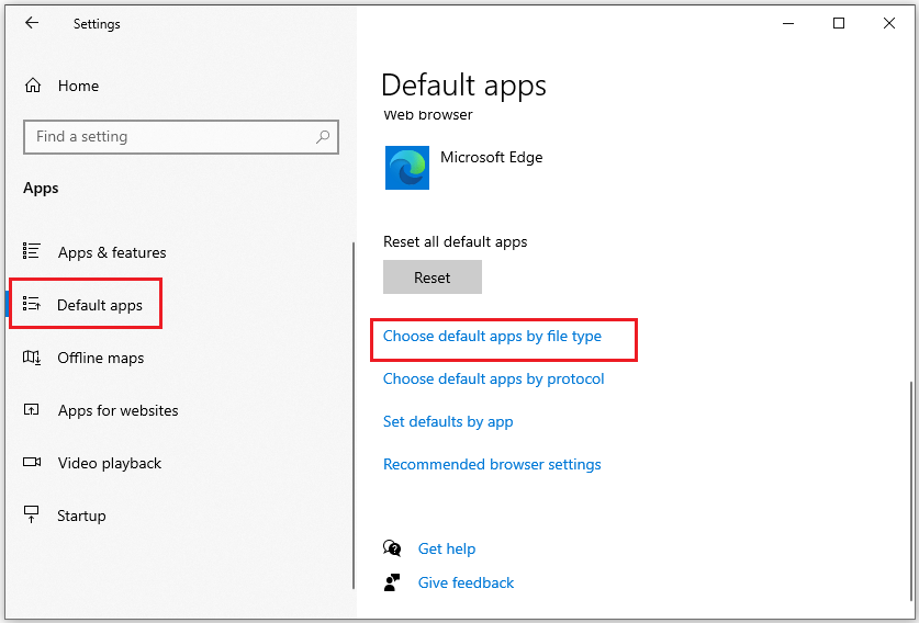 select Choose default apps by file type