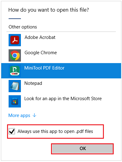 tick the checkbox Always use this app to open .pdf files