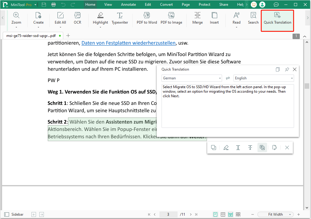 MiniTool PDF Editor translate PDF German to English