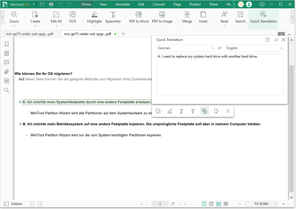 MiniTool PDF Editor translate the extracted text