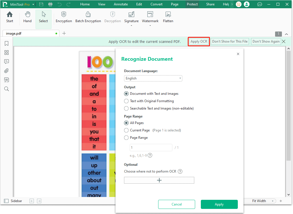 MiniTool PDF Editor apply OCR