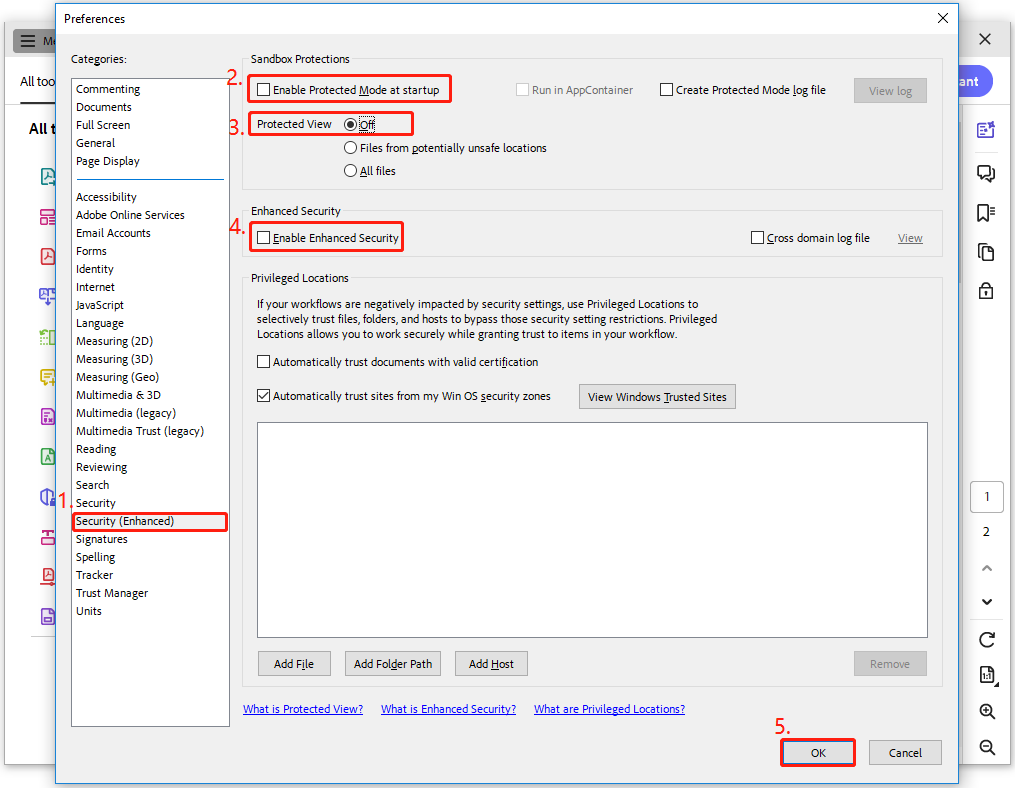 turn off protect mode in Adobe Acrobat