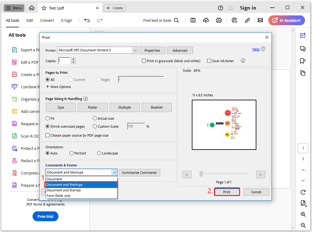 select Document and Markups and then click Print