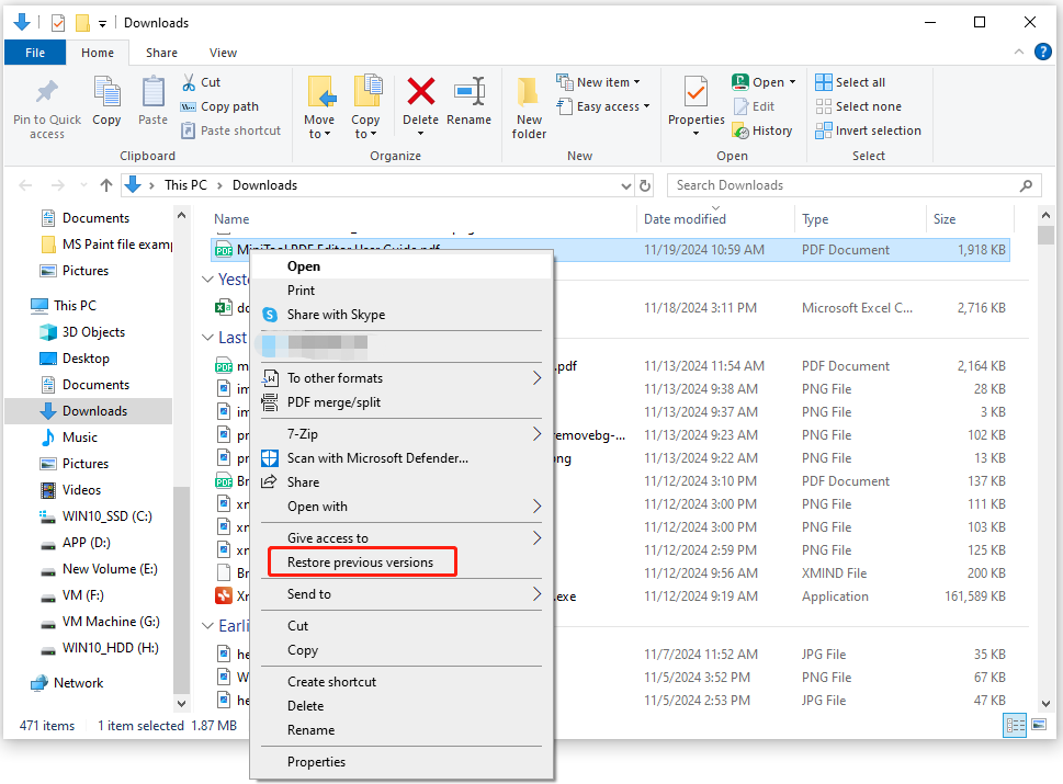 select Restore previous versions