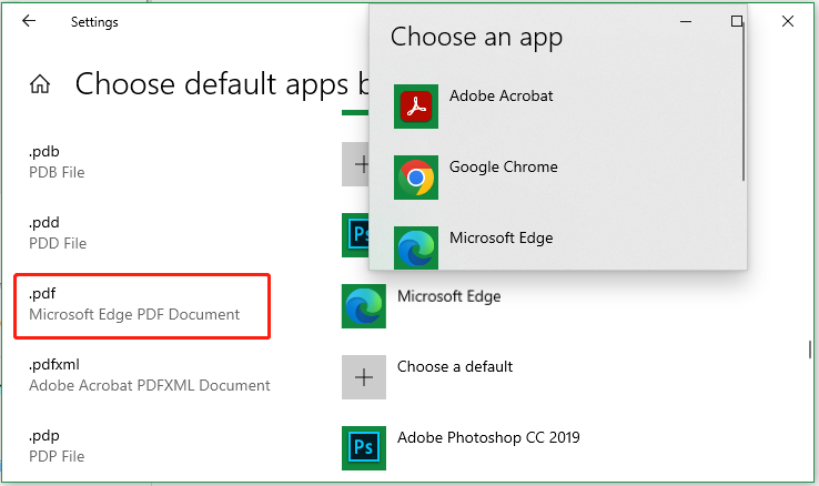 choose default apps for PDF file type