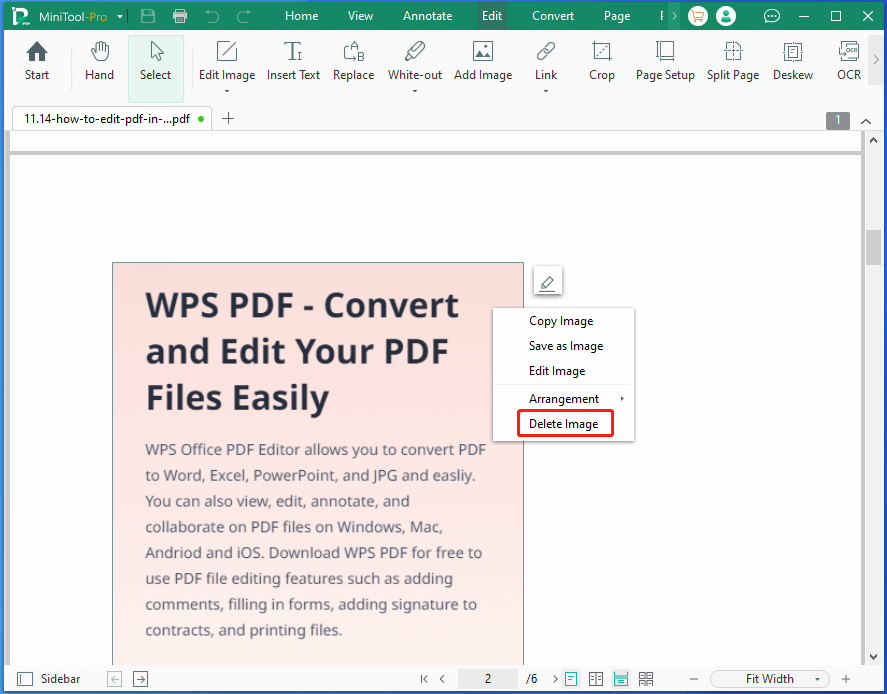 MiniTool PDF Editor deletes image