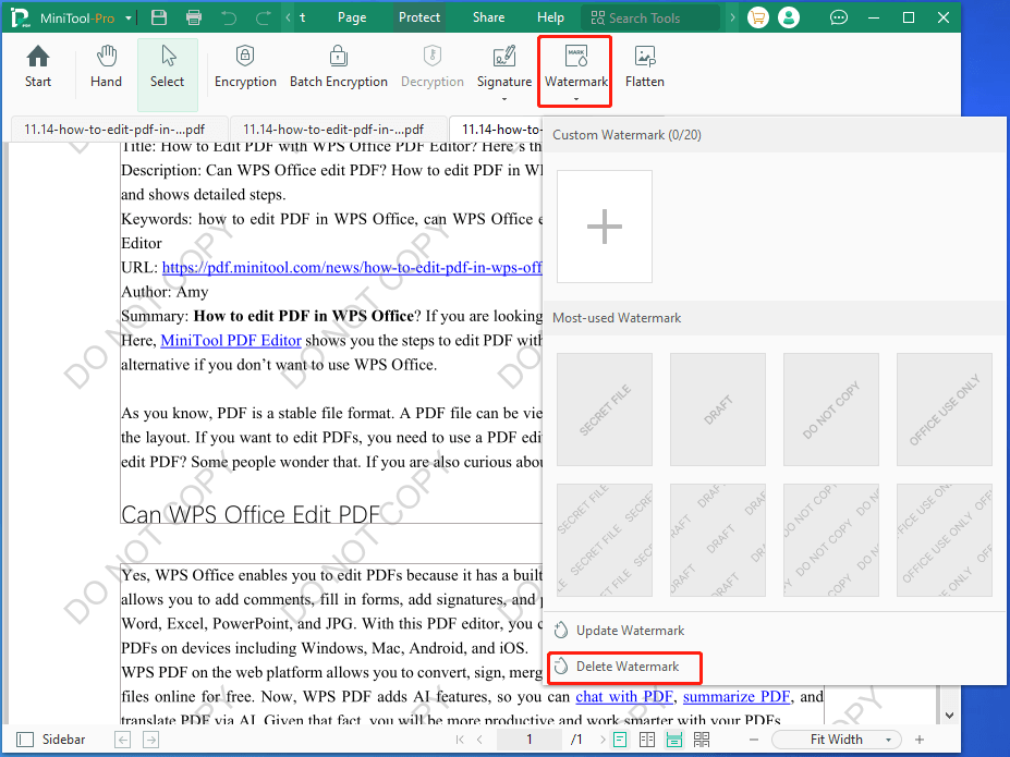 MiniTool PDF Editor deletes watermark