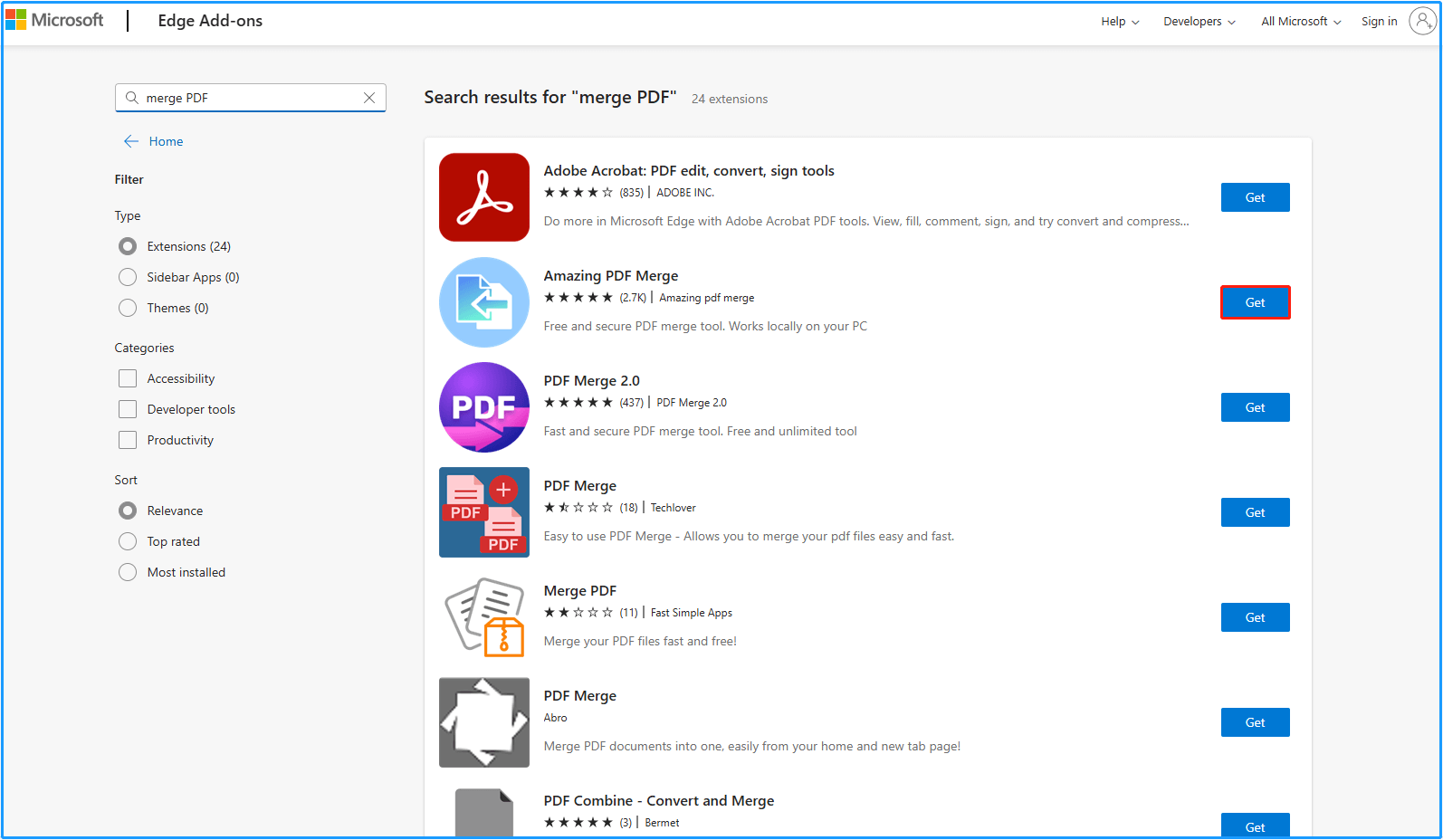 click the Get button of Amazing PDF Merge in the Microsoft Edge Add-ons page