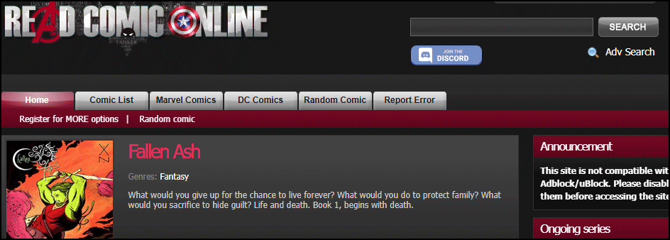 the ReadComicOnline website interface