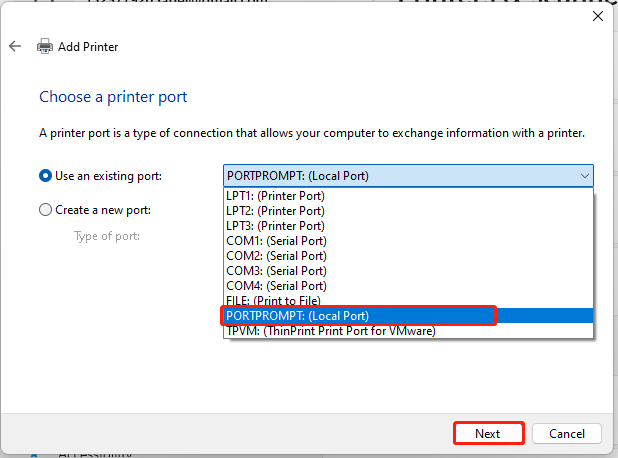 select PORTPROMPT (Local Port)